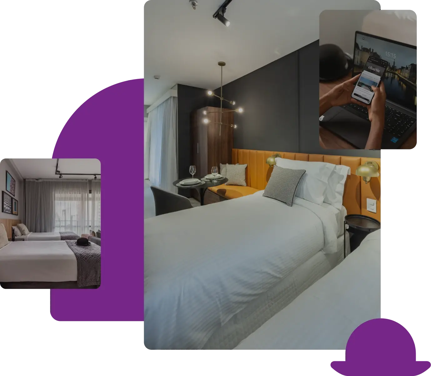 Imagem de um dormitório moderno com cama de casal, decoração elegante, iluminação aconchegante e vista para a cidade através da janela. Ambiente perfeito para descanso e lazer. Imagem de um dormitório moderno com cama de casal, decoração elegante, iluminação aconchegante e vista para a cidade através da janela. Ambiente perfeito para descanso e lazer.